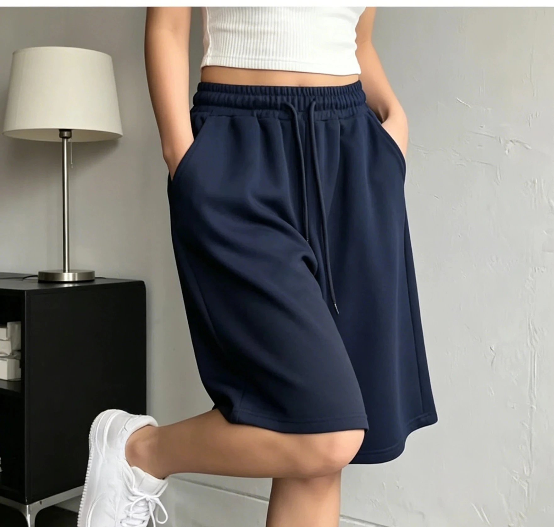

Women Elastic Drawstring Wide Leg Knee Length Casual Shorts Pocket Loose Sports Home Wear Sweat Shorts womens clothing