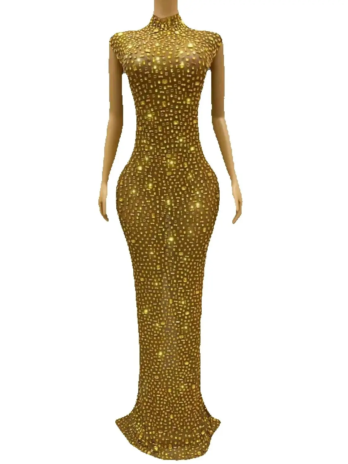 Gold Birthday Dress Concert show outfit Celebrate Long Dress  Luxury Gown Cocktail Party  Sheer Mesh Evening Dress