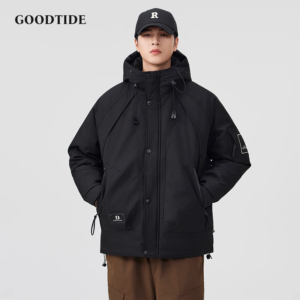 

2025 Winter New Men's Down Jacket Casual Hooded Parka Jacket Solid Color Multi Pocket Adjustable Detail Loose Fit Warm Top