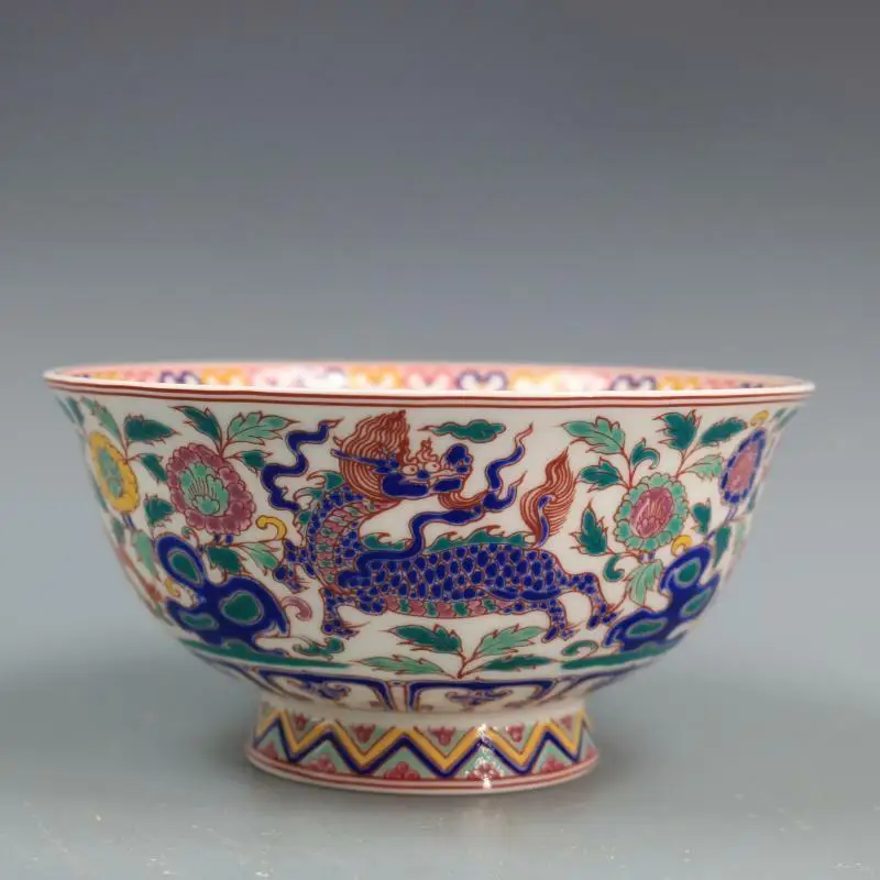 Chinese Famille Rose Porcelain Qing Qianlong Unicorn Kylin & Flowers Design Bowl