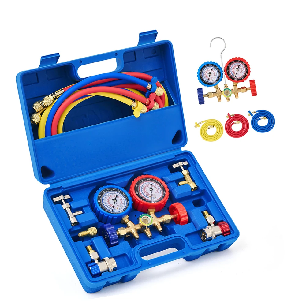 Car HVAC Manifold Gauge Set With 2 Style Can Taps 1/4'' Quick Couplers 1/4‑1/2'' Acme Adapter For R134a R12 R22 R502 Repair