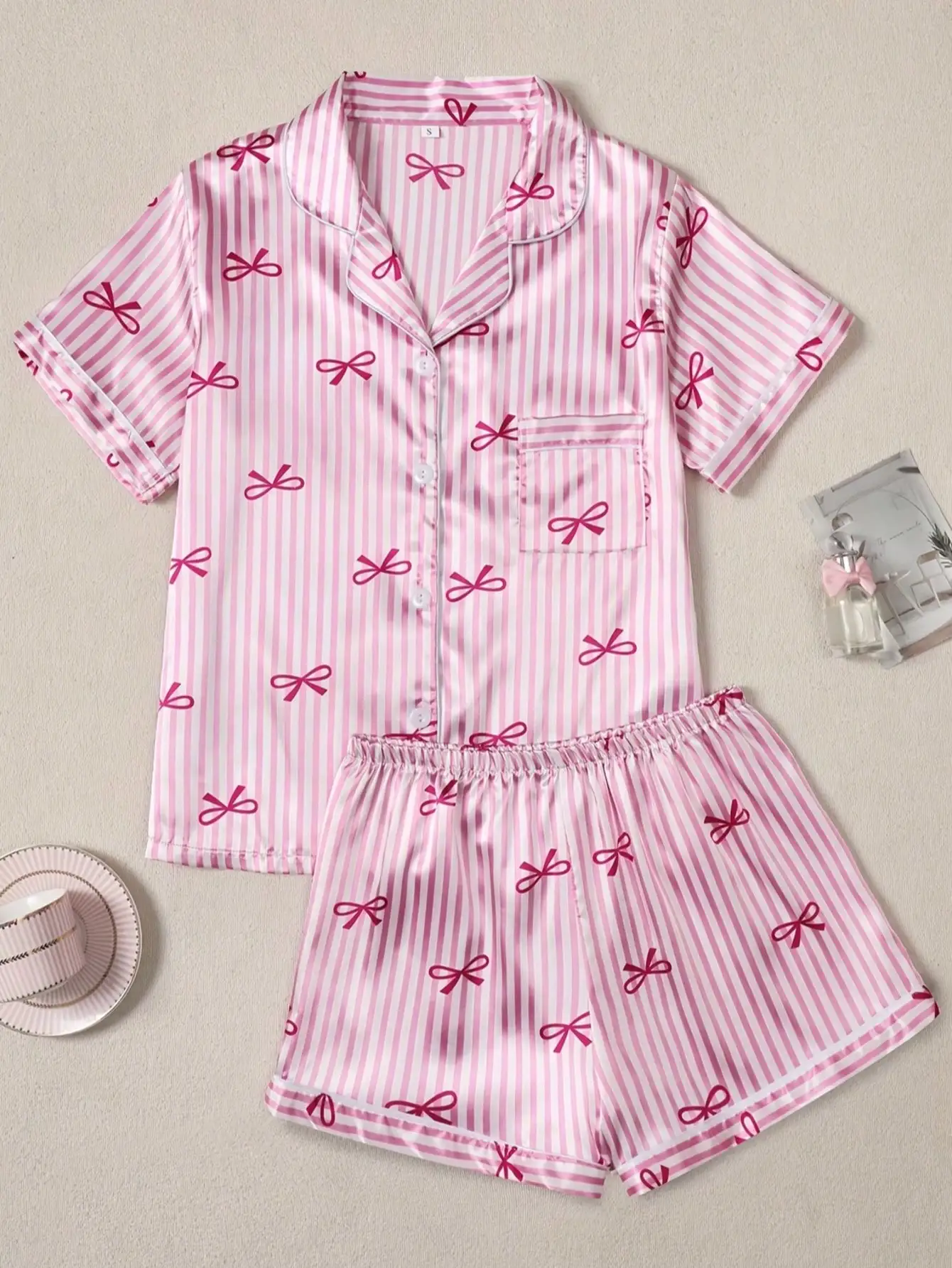 2pcs Women's Satin Striped Bowknot Printed Pajama Set, Lapel Button Short Sleeve Top With Pockets & Bow Elastic Shorts, Soft Loungewear Sleepwear