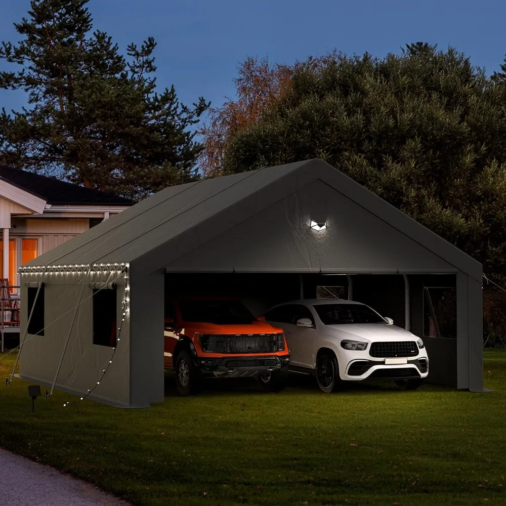 Baldacchino per carport 20x20, porta per auto resistente, garage portatile per porte per auto con 2 porte avvolgibili con cerniera passante, grigio