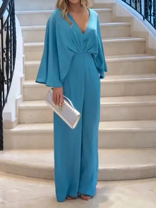 Slim Fit Dames Jumpsuit Zomer Nieuwe Stijl Diepe V-hals Vleermuis Mouw Ontwerp Hoge Taille Wijde Pijpen Jumpsuit Geschikt voor Banketten