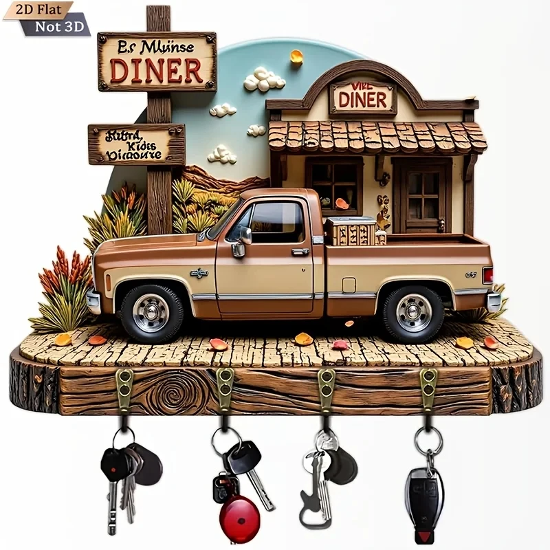 2D Flacher Einteiliger Vintage-Truck-förmiger Holz-Schlüsselhalter mit 4 Metallhaken |   Wanddekoration, Veranda, Zimmer, Villa-Dekor