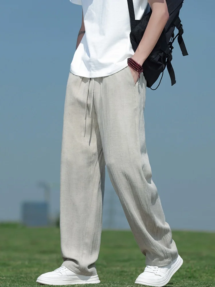 

Мужские летние тонкие брюки с широкими штанинами, повседневные свободные брюки из хлопка и льна, струящиеся, из ледяного шелка, длинные, модные, прямого кроя