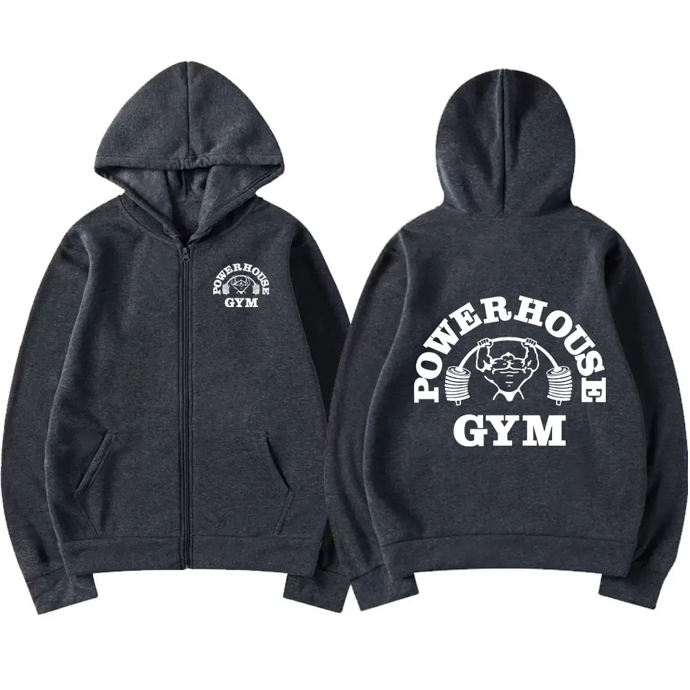 Powerhouse Gym Zipper Hoodie Men Women's Fashion Gothic Zip Up Geek Fitness Hoodies Sweatshirt Oversized Jacket Coats Streetwear