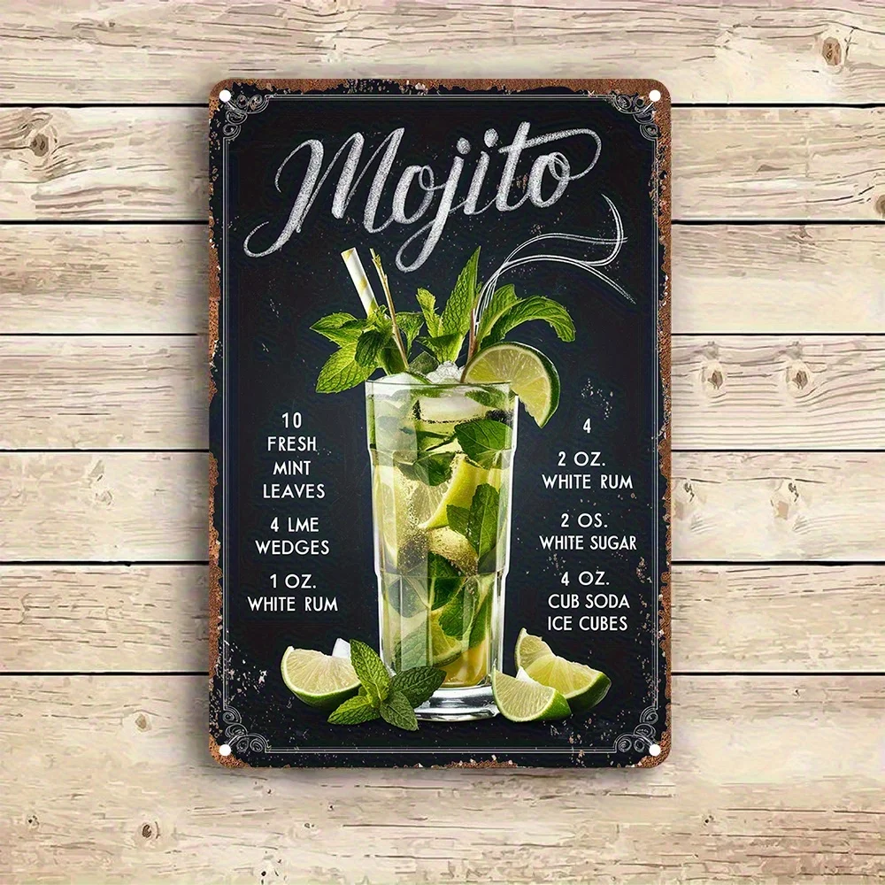 2D Flat - 2D Vintage Wooden Mojito Wall Decor Sign - 20.32X30.48 cm Retro Bar Decoration - Suitable for Home, Office, Or Gifts