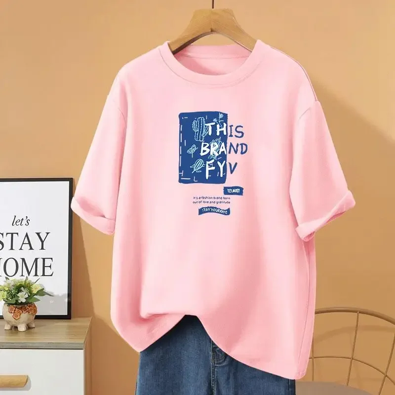 

Women Clothing Fashion Vintage Casual O-neck T-shirt 100% Cotton Short Sleeve Top Tee Summer Letter Printed Basics Pullovers