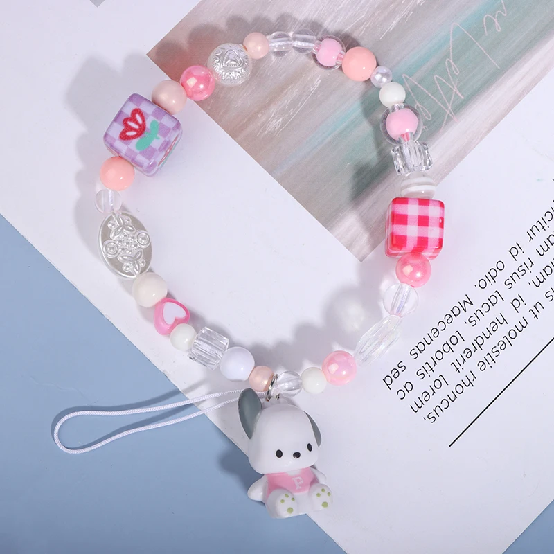 Kawaii Sanrio Pochacco Pink Flower Beaded Phone Chain Girl Cartoon Bracelet CCD Camera Chain Backpack Pendant Decoration Gifts