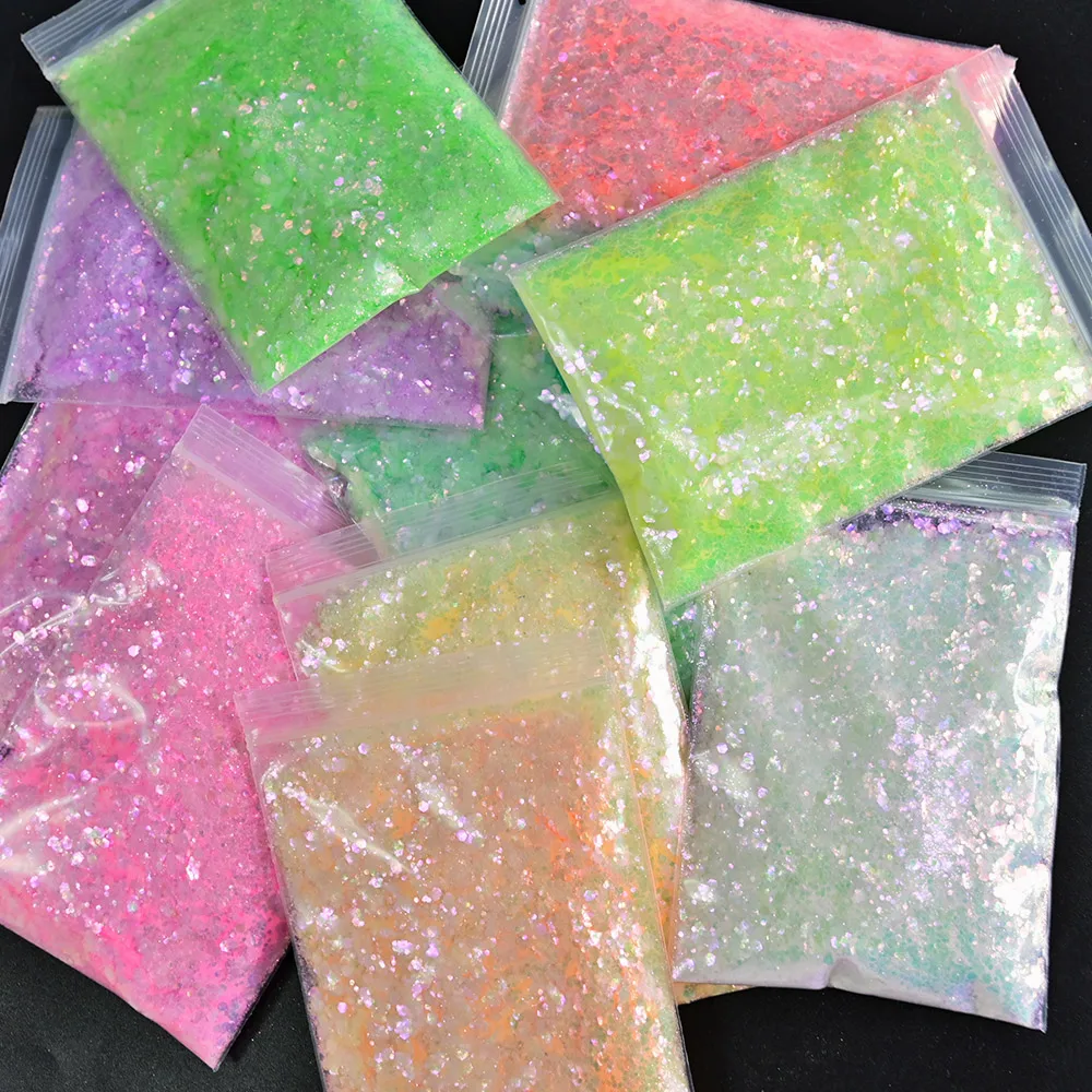 Lentejuelas sinfónicas para decoración de uñas, 50g, 0,2/0,4/3mm, tamaño mixto, brillo grueso, iridiscente, brillante, sirena