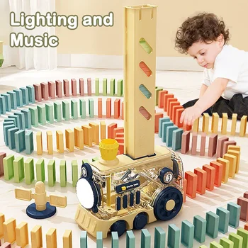Kids Electric Domino Train Set with Automatic Lighting Sound Effects Colorful Domino Train Laying DIY Toys for Children Birthday Gift