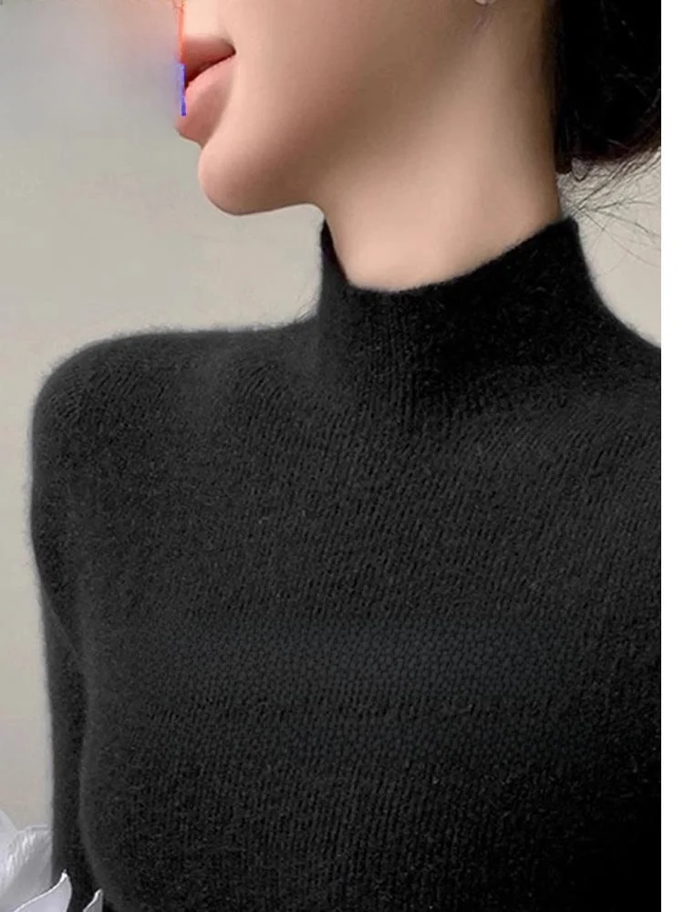 

Женский базовый свитер Ele из чистой шерсти с высоким воротником, облегающий, черный, вязаный, для повседневной носки, осень-зима