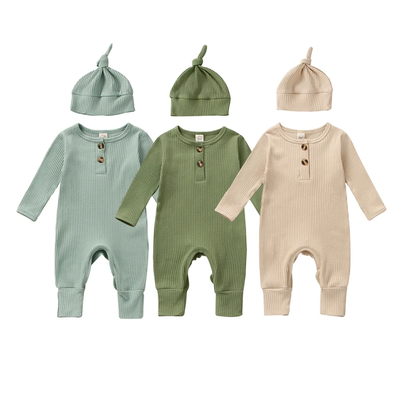 

Infant Baby Girls Boys Jumpsuit and Hat Set Solid Knit Ribbed Long Sleeve Crew Neck Button Romper Autumn Spring Clothes