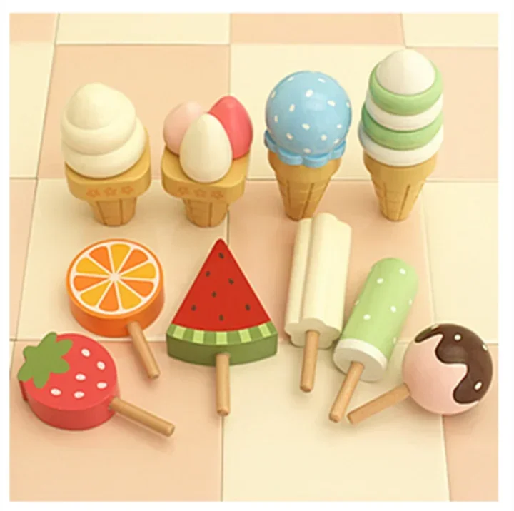 [ Funny ] Wooden Mother Garden Strawberry three layer cake Ice cream stand blocks Pretend Play House kitchen toy Cooking gift