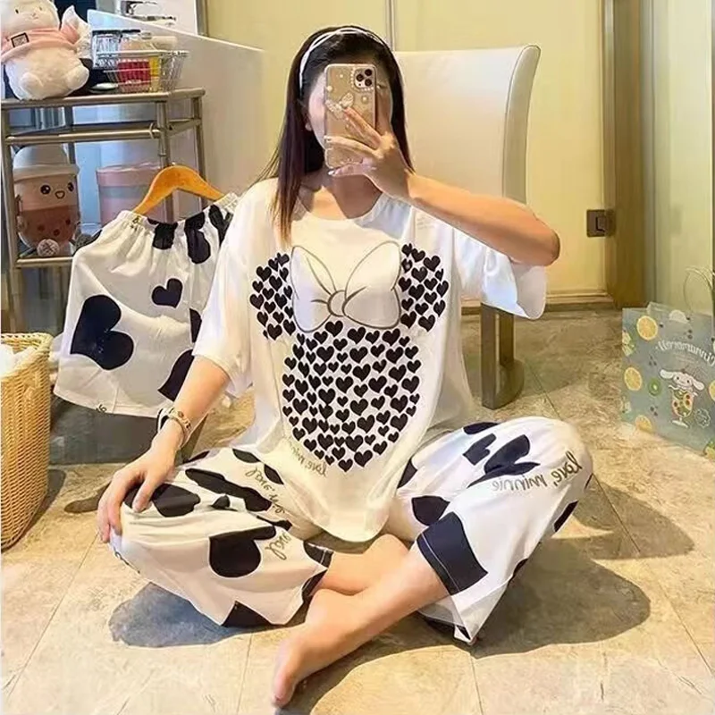 3PCS/Set Women Silk Pajama Sets Short Sleeve Long Trousers Homewear Cute Sleepwear O-Neck Summer Home Wear Ladies Big Size Xl