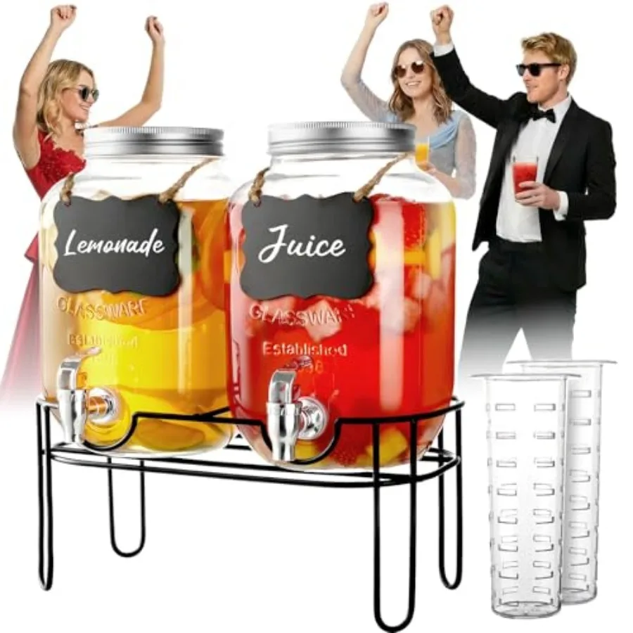

Glass Drink Dispensers For Parties, 2 Pack Beverage Dispenser Lemonade Dispenser With Fruit Infuser And Stand For BBQ, Picnic,