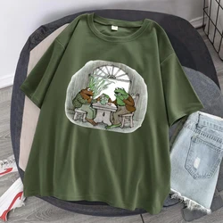 Cottagecore Aesthetic Frog And Toad Print T Shirt Men Summer Hip Hop Tops Short Sleeve Tee Clothes Casual 100% Cotton Streetwear