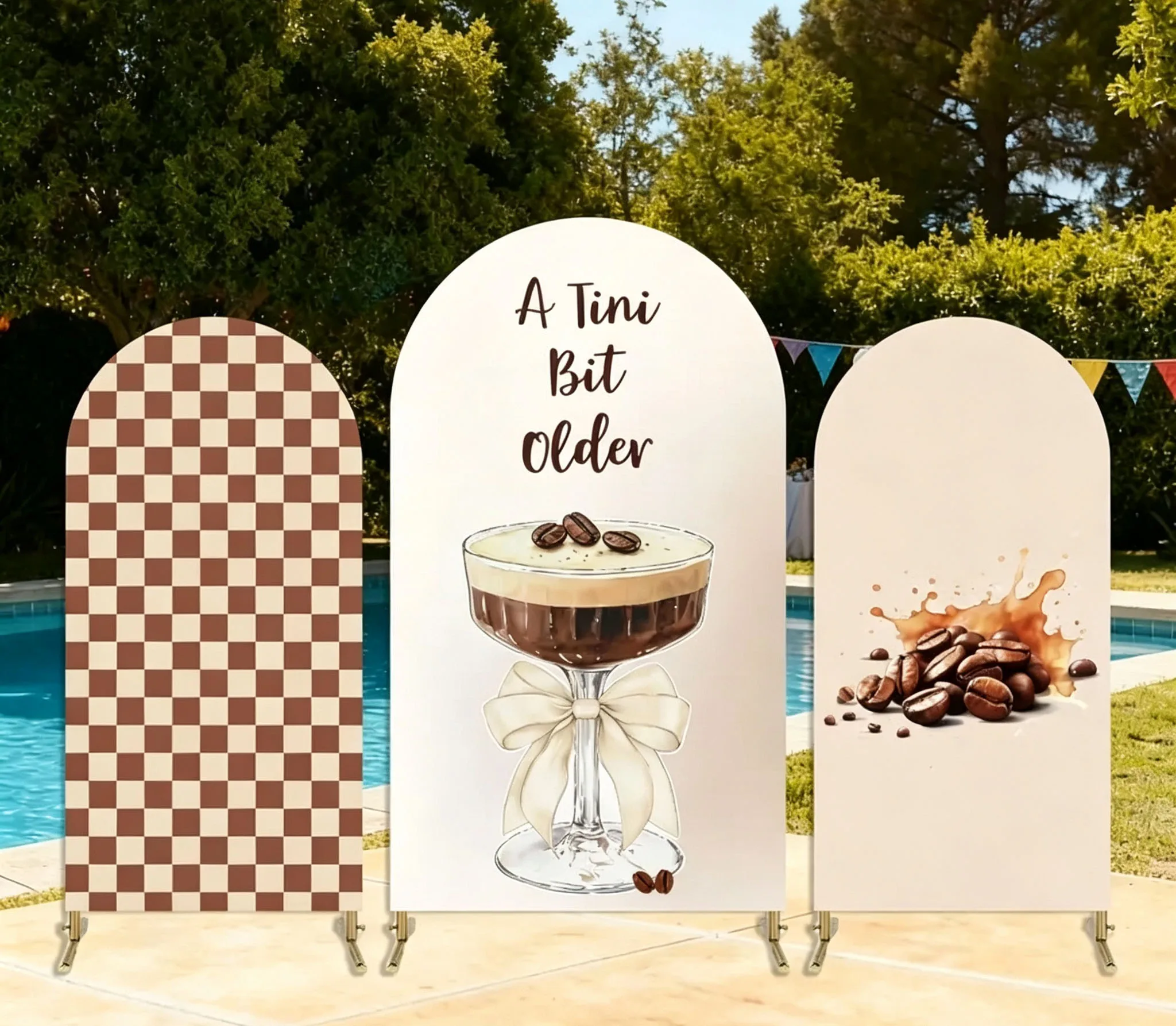 Custom 2-Side A Tini Bit Older Coffee Martini Baby Shower Arch Backdrop Cover Checkered Bean Birthday Party Decor Backdrop Photo