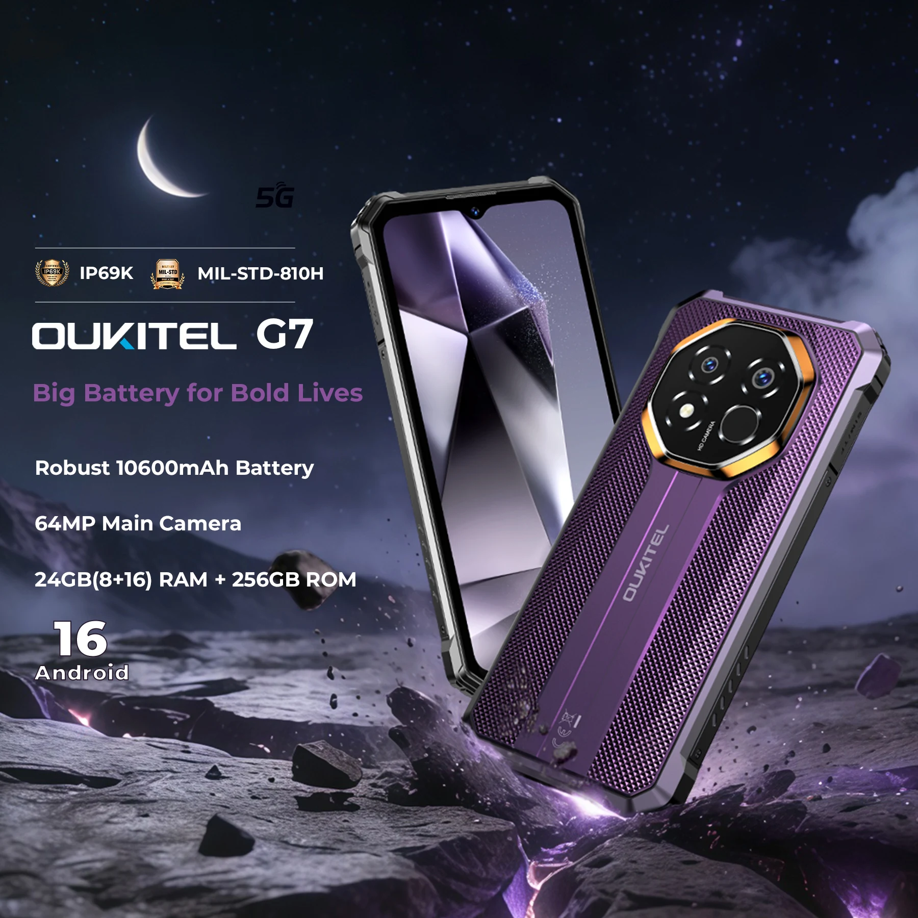 

OUKITEL G7 10600mAh Rugged Smartphone 24GB (8+16)+256GB, 6.52" Display 64MP Camera, IP68 Waterproof, NFC Android 16 Smartphone