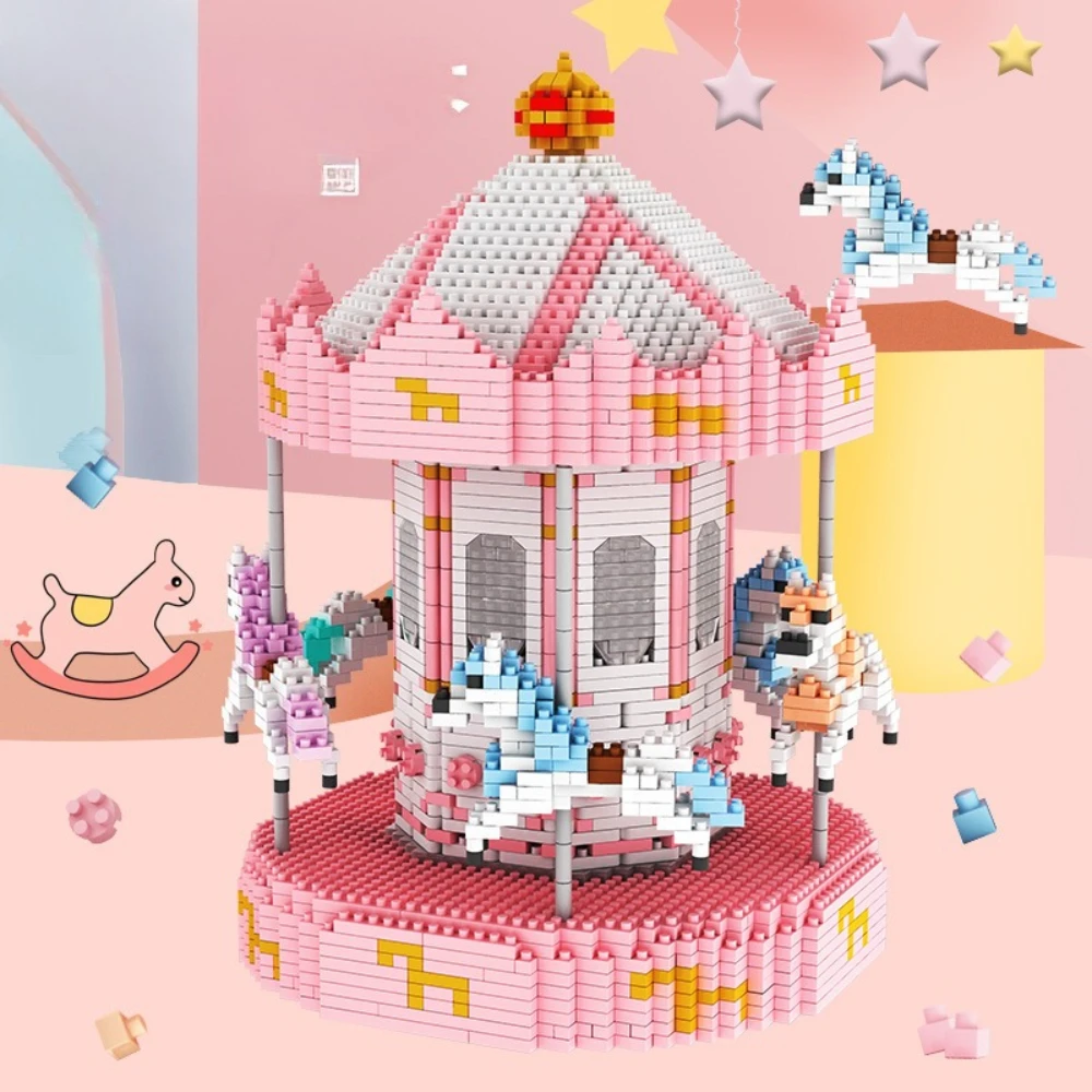 

MOC парк развлечений карусель, набор строительных блоков, розовая игровая площадка, парк лошадей, кирпичи, идея, игрушки для детей, подарки на день рождения и праздник