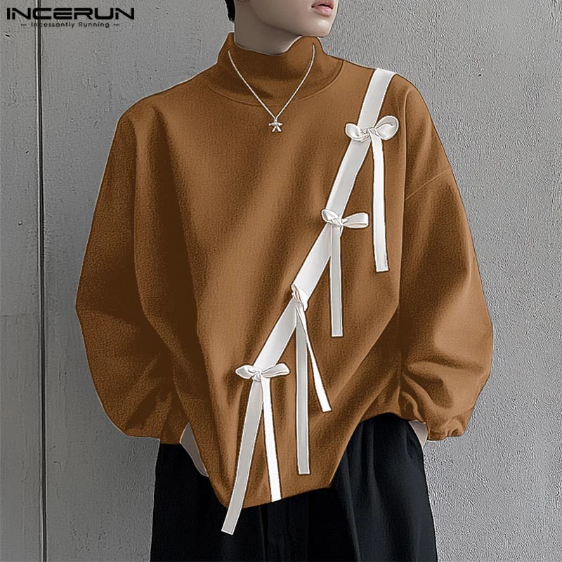 INCERUN Handsome Men Tops Fashionable Knotted Lace Up Splicing Pullover Casual Streetwear Semi High Neck Long Sleeved Sweatshirt