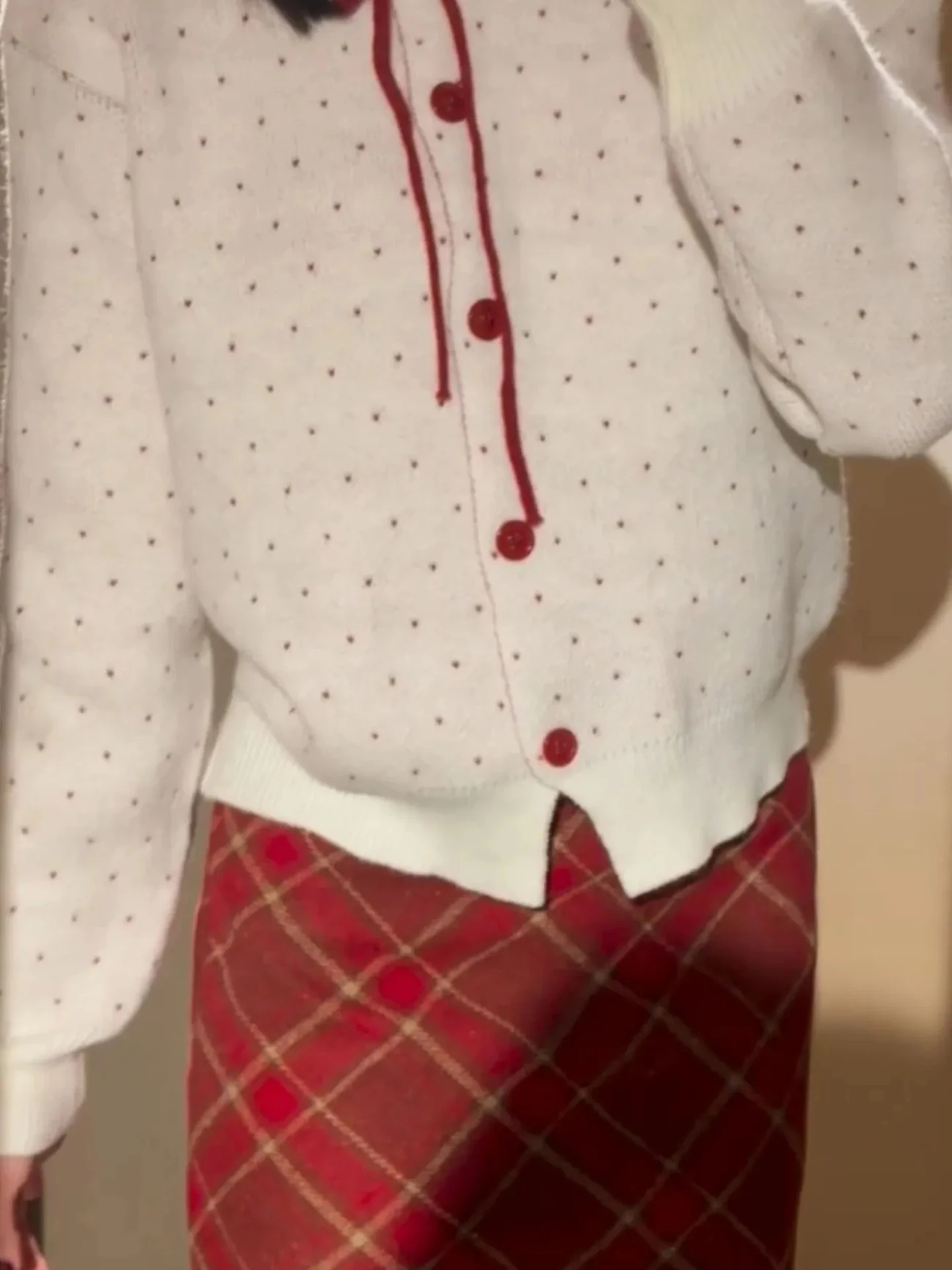 Spring Commute Faion Set Women's Cheered ort Skirt And Knitted Cardigan Date Outfit Red And White Polka Dot Design