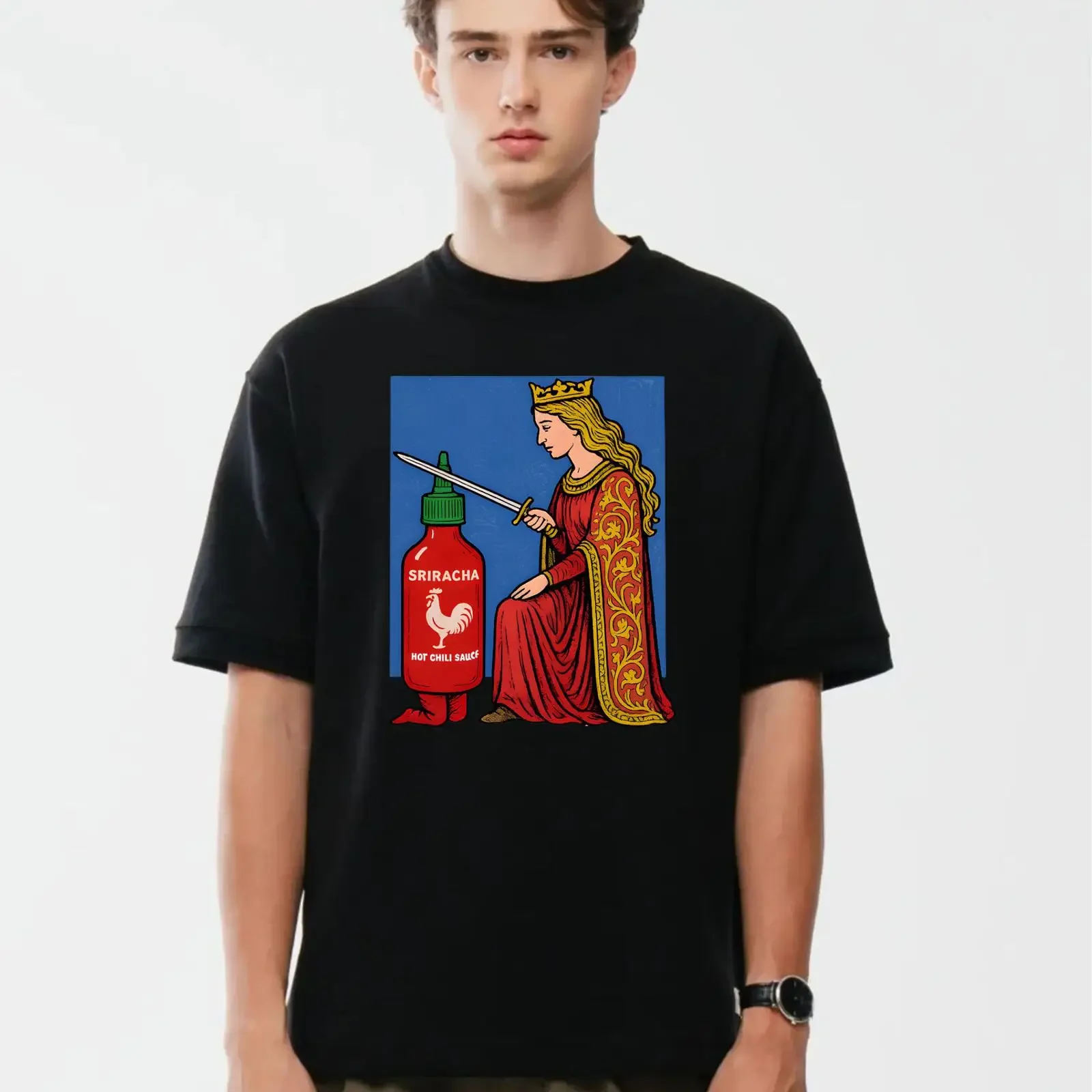 Sir Racha Chili Sauce Pun T Shirt Tapestry Queen Knight 100 Cotton Novelty Top vintage Washed Casual Top For Everyday Wear