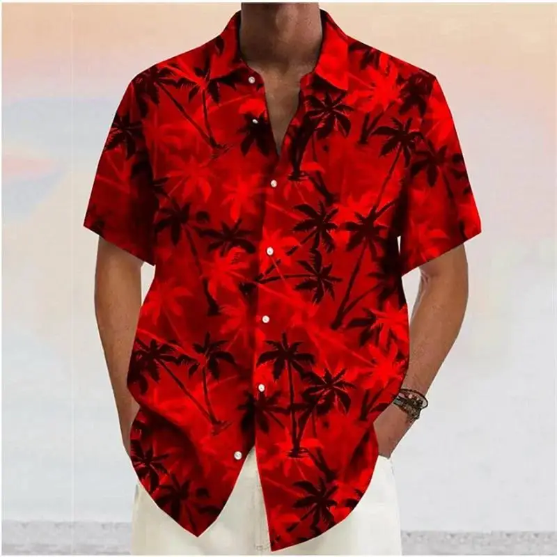 Men\'s Shirts 2023 Coconut Tree Print Lapel Button Shirt Blue Hawaiian Short Sleeves Fashion Designer Casual Soft 7 Colors Summer