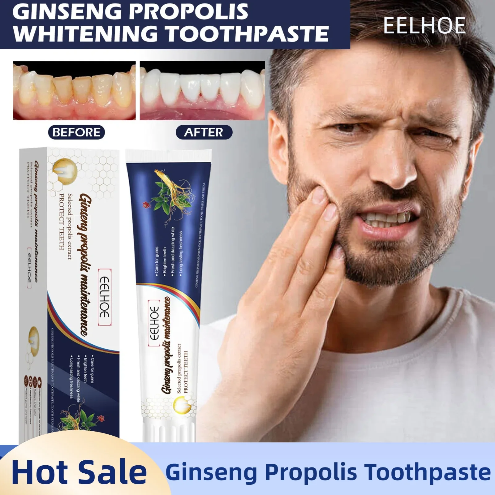 Ginseng and Propolis Whitening Toothpaste Effectively Reduces Tooth Stains, Brightens, Cleans and Removes Oral Odor.