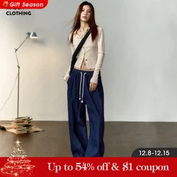 Maden Ice Silk Cool Feeling Jeans for Women Denim Blue Loose Wide Leg Pants Elastic Waist Contrasting Color Tassel Waist Cord