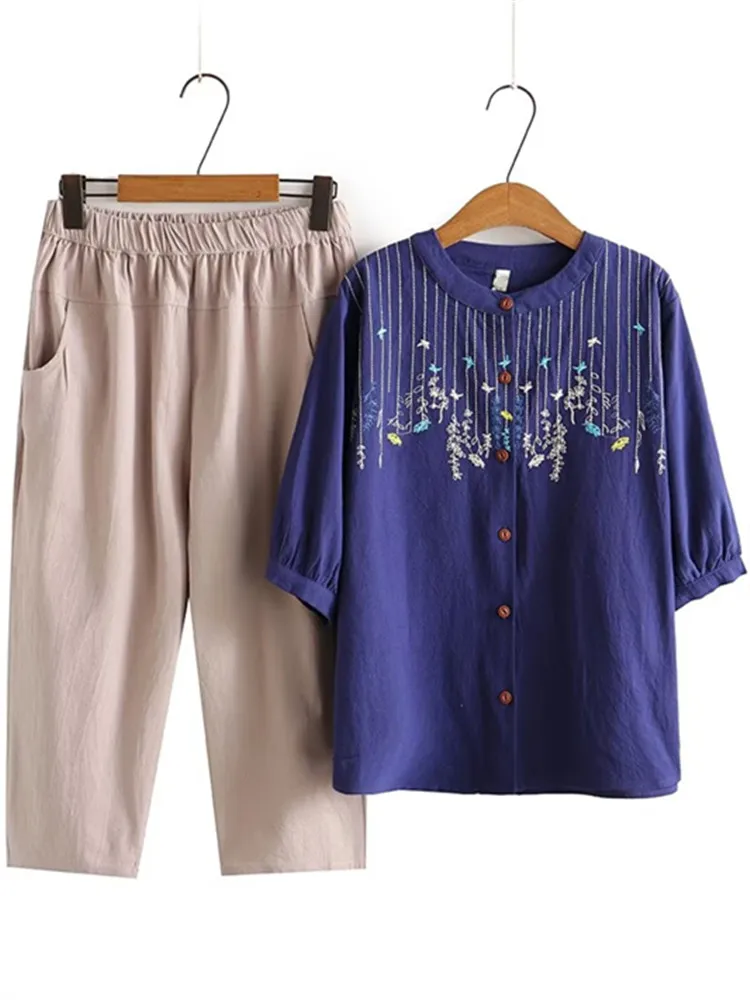 Plus Size Women's Clothing Set Thin Cotton Summer Combo Short-Sleeved Embroidery Top And Elasticated Waist Cropped Pants Set 4XL