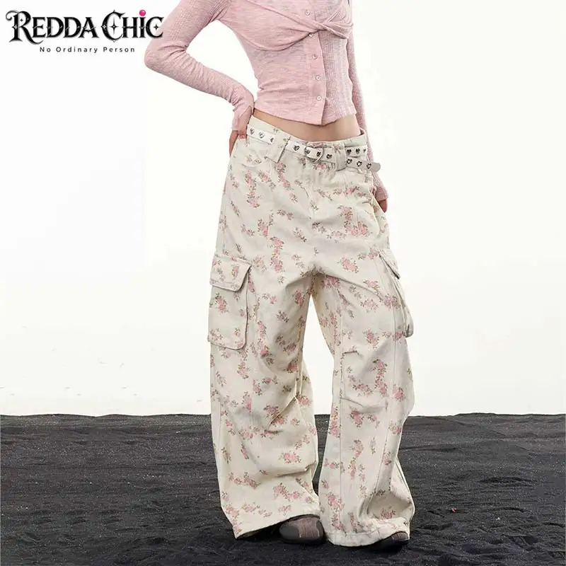 REDDACHiC Cottagecore Wide Leg Floral Jeans Lounge Allover Print Low Rise Multi-pocket Loose Cargo Jeans Korean Women Streetwear