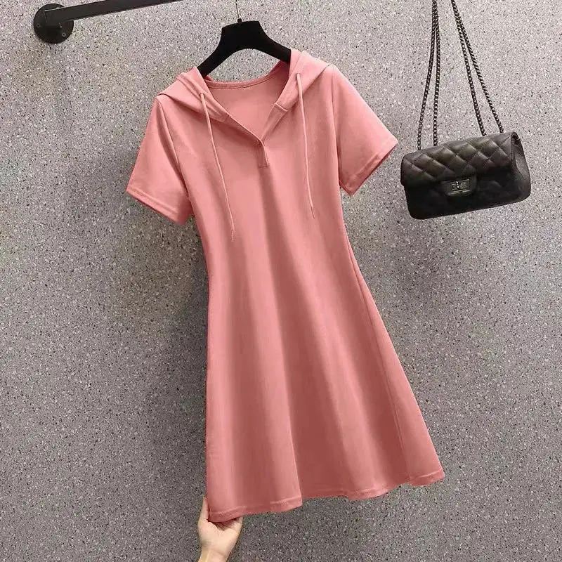 Hoodedknee-length Dresses Casual Solid Empire Chiffon Pullover Patchwork Short Sleeve Summer Women\'s Clothing Comfortable Korean