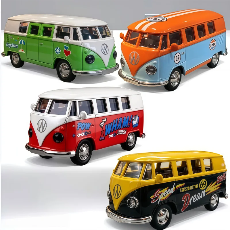 1/36Vintage Classic Van Diecast Model, Alloy Pull Back Vehicle, Openable Doors, Colorful Graffiti Painting, Desktop Display Orna