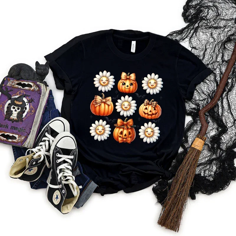 Halloween Party Classic Tops Flowers Pumpkin Graphic T Shirts Women Vintage Pumpkin Bow Printed T-shirt Women Halloween T-shirts