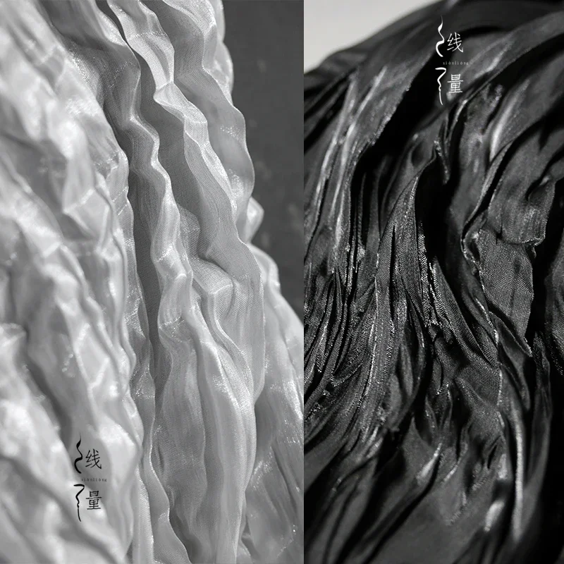 Streaming Satin Buff Ruffled Fabric Black and White Silk Textured Skirt Han Clothing Designer Fabrics