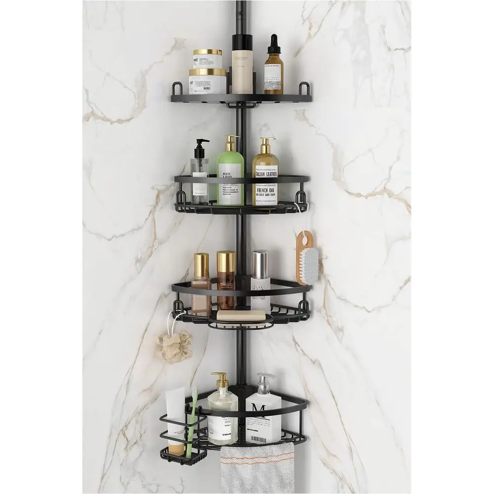 

Adjustable 4-Tier Tension Corner Shower Caddy, Rustproof, Large Capacity, Space-Saving Organizer for Bathroom, Black