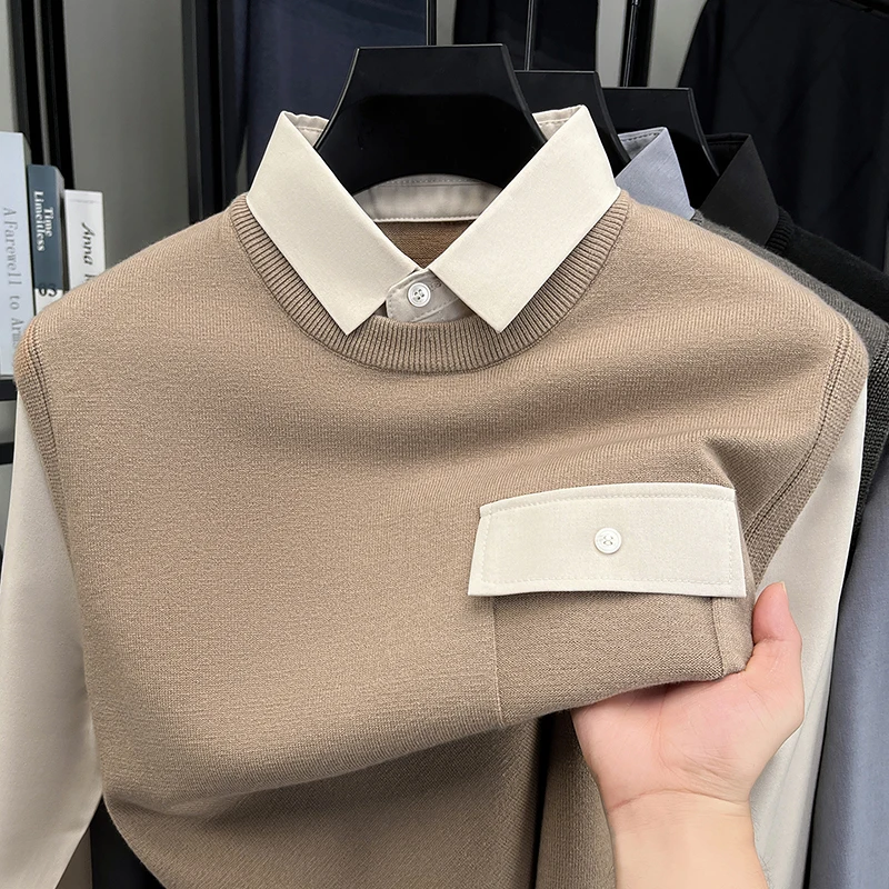 2026 Autumn Men's High Quality Casual t shirts Large Size Fashion Trend Comfortable Versatile Casual Lapel Long Sleeve T-Shirt