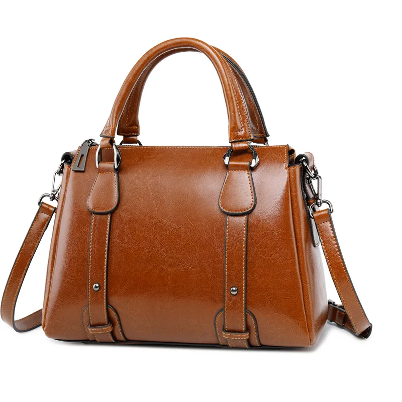 

Genuine Leather Women Shoulder Cross body Handbag Top Handle Bag Casual Designer Female Oil Wax Cowhide Messenger Tote Bag