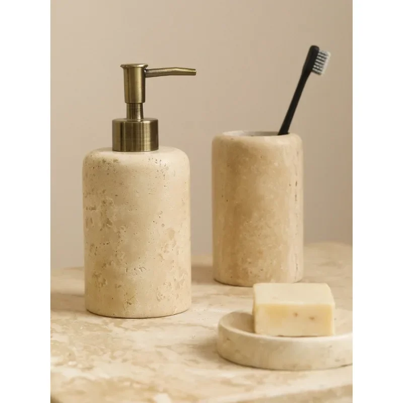 【Natural】Creative Nordic Travertine Bathroom Accessory Set, Countertop Toothbrush Cup Soap Dish Lotion Dispenser for Vanity Sink