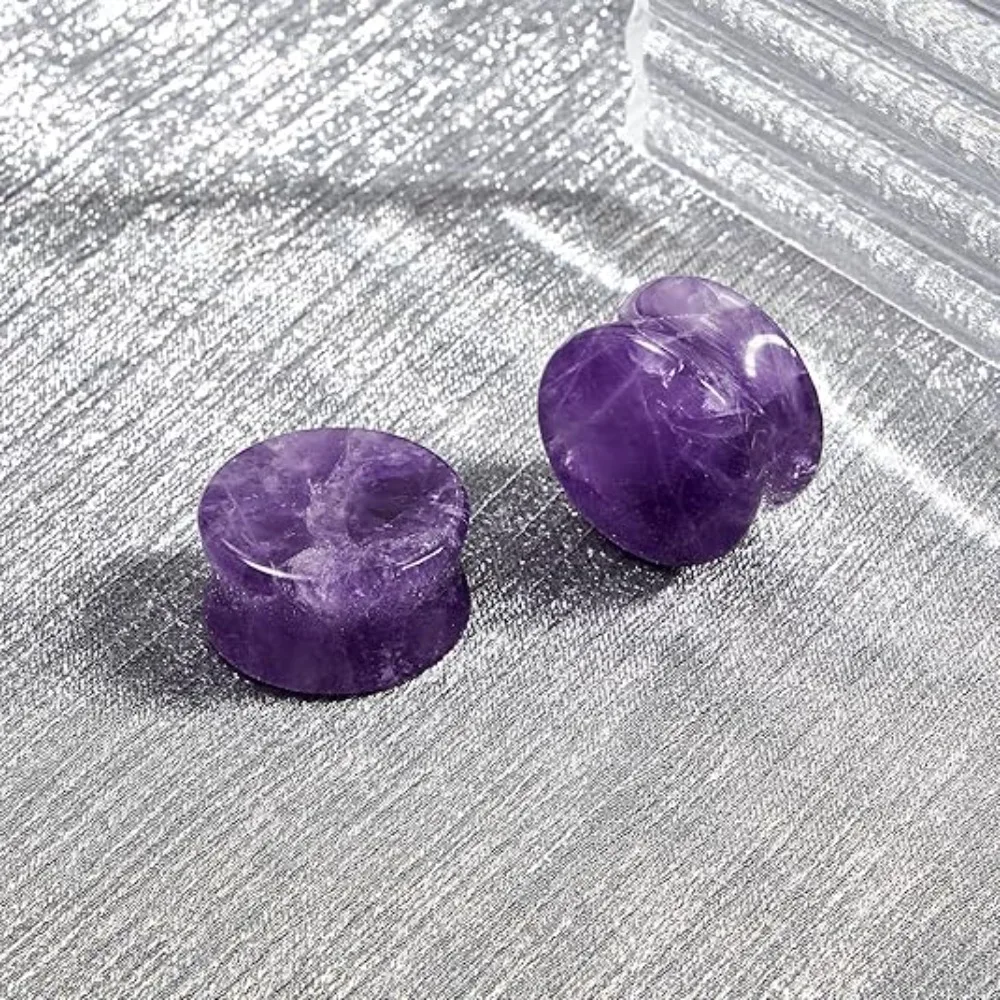 1 Paar Ohrstecker aus Naturstein, Pfau, lila Achat, strukturierter Stein, Tunnel-Plug, Dilatator, Piercing-Schmuck, 2g-5/8 Zoll – Detail 15