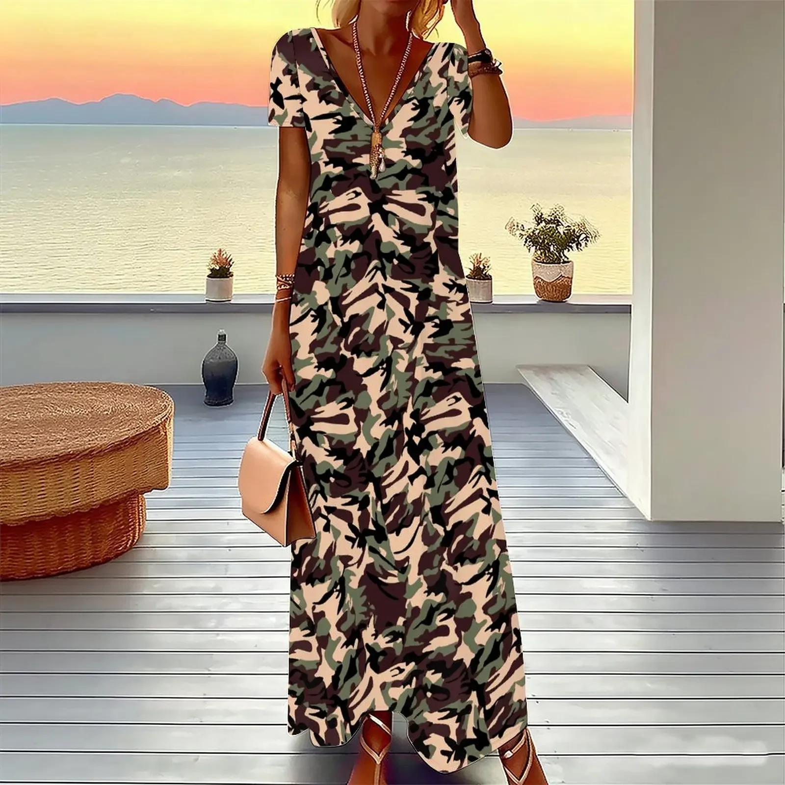 Women's Classic Leopard Print Short Sleeve Round Neck Midi Dress Loose Casual A Line Daily Wear Dress