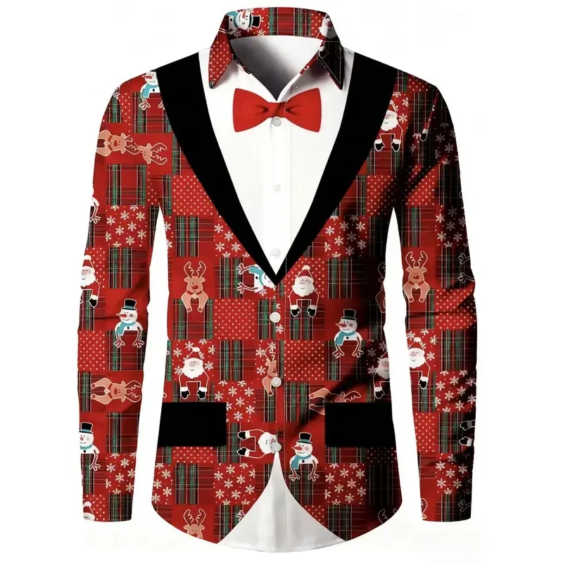Christmas themed men's fake two-piece shirt Christmas reindeer snowman comfortable fashionablehigh-quality printed long