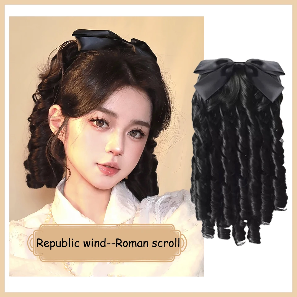 Wig sintetik model rambut Cheongsam Retro simulasi ekor kuda Tinggi Wanita Republik Tiongkok bubuk emas Roman Roll keluarga Xiuz