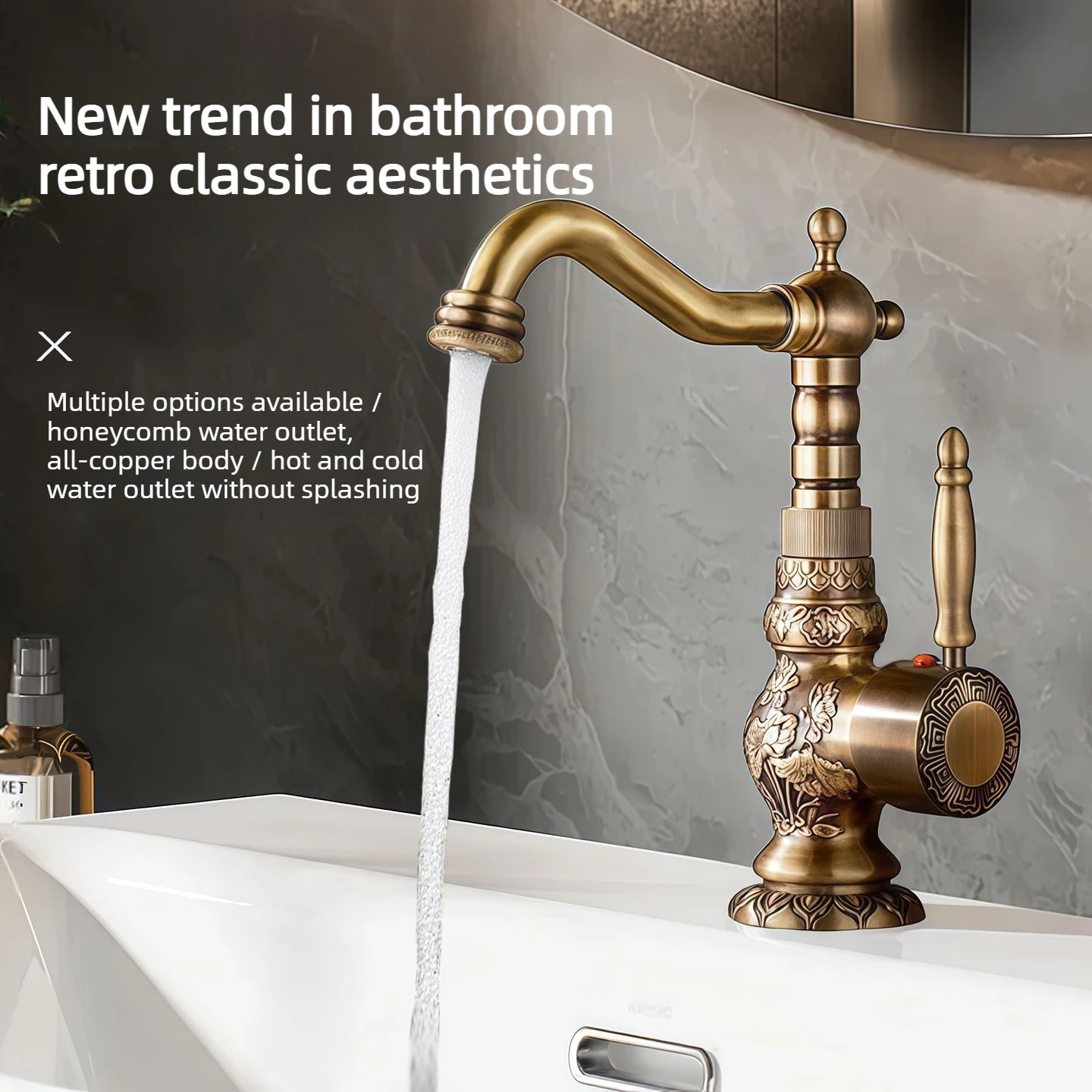 Chinese-style retro engraved basin faucet with hot and cold water taps. All-copper quality faucet.