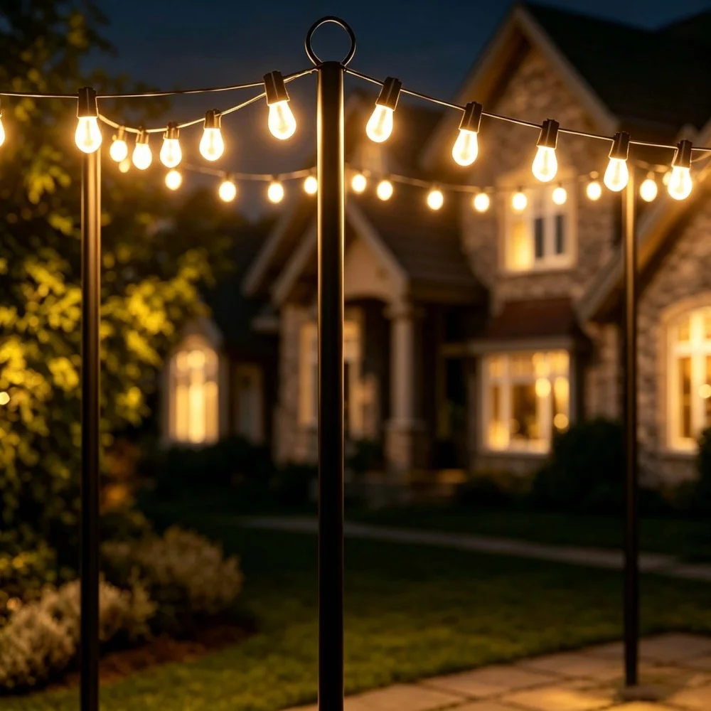 10FT String Light Metal Poles with Fork for Outdoor Adjustable Stand Holder with Hooks for Yard Garden Wedding Christmas Party