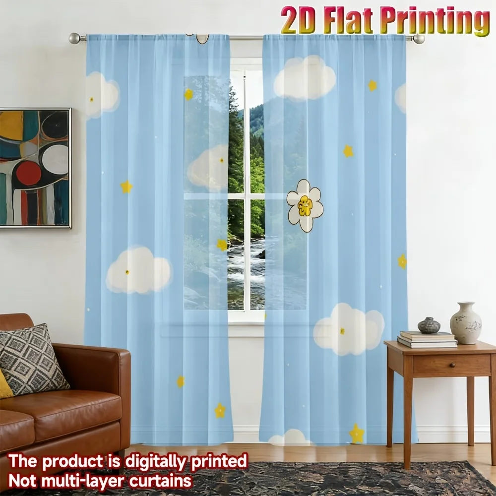 2PCS Digital Printed Sheer Curtain, Sky White Clouds Print, Dreamy Cloudscape Celestial Air for Living Room Bedroom Home Decor
