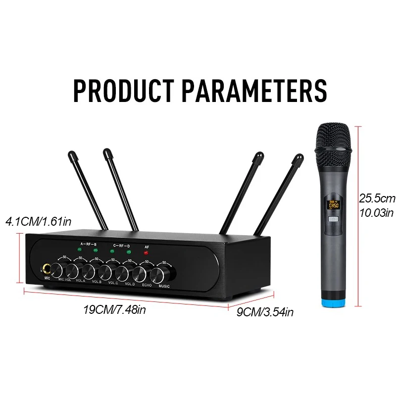 Adjustable Four-Channel Wireless Microphone SystemUHF Metal Handheld Wireless Microphones Cordless Mics Professional for Karaoke