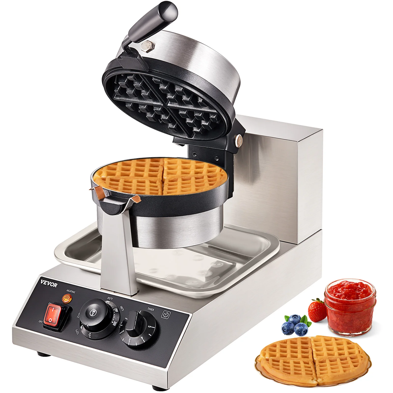 VEVOR Rundes Waffeleisen Waffel 1300 W, Kontaktgrill Belgische Waffeleisen 4 Stk. Edelstahl Waffeln Automat inkl. Lebensmittelclip & Bürsten & Verbrühungssicherer Griff, für Cafés, Restaurant usw.